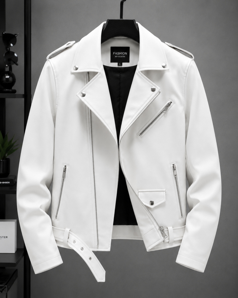 Men's White Biker Leather Jacket