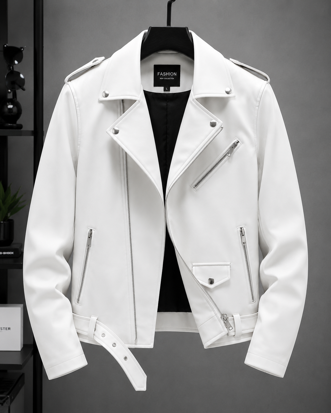 Men's White Biker Leather Jacket